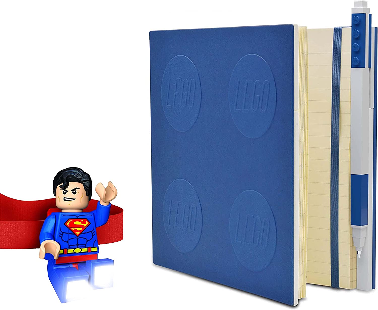 IQ LEGO DC Super Heroes Superman Head Lamp, Blue Locking Notebook, Blue Gel Pen Bundle