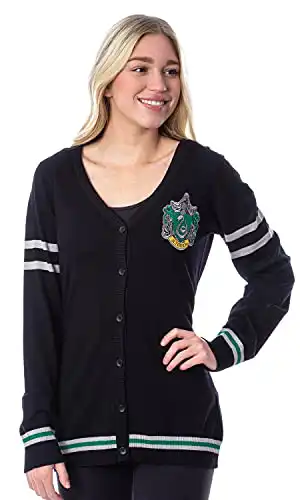 Harry Potter Womens' Slytherin House Crest Open Front Cardigan Juniors Knit Sweater