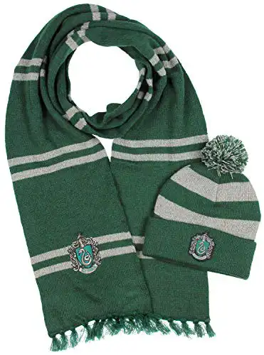 Harry Potter Hogwarts Houses Knit Slytherin Scarf & Pom Beanie Set