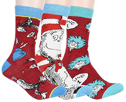 Dr. Seuss Socks Adult Cat In The Hat Thing 1 Thing 2 Character Design 3 Pack Mid-Calf Crew Socks