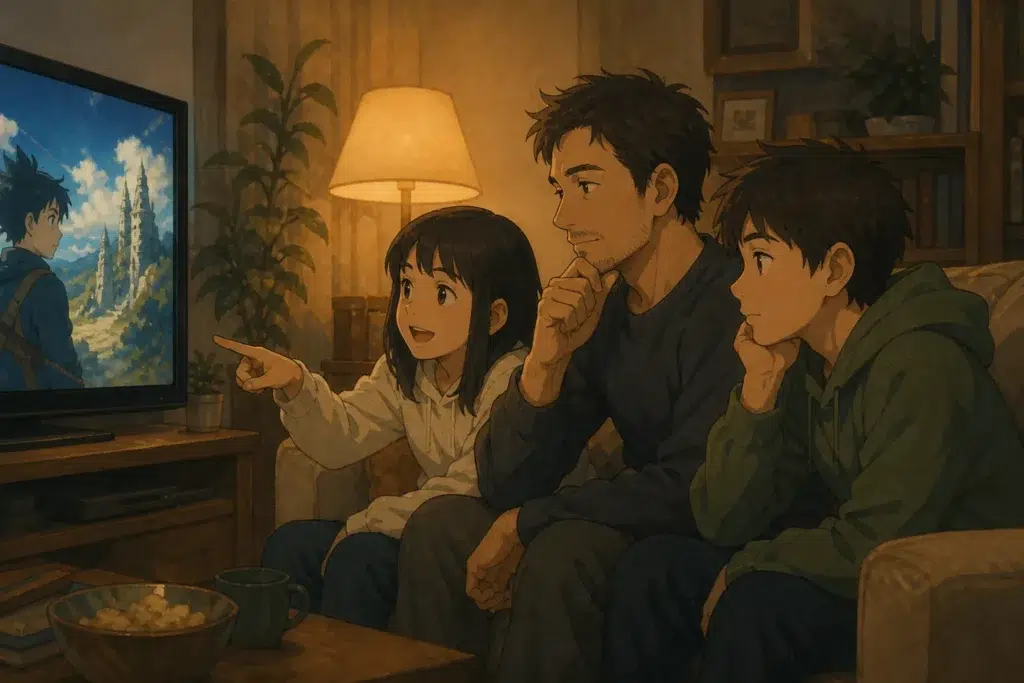 A dad watching anime with his 11 and 13 year old kids