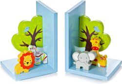 Wooden 3D Safari Themed Children's Animal Bookends for Boys or Girls Nursery or Bedroom